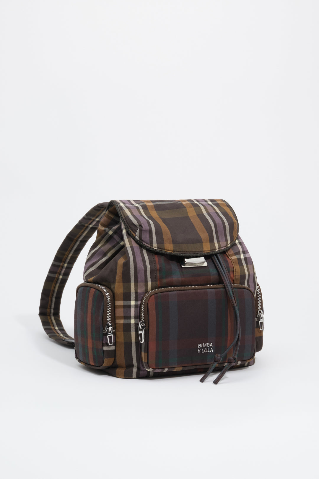 Large superwax chocolate and green tartan pocket backpack