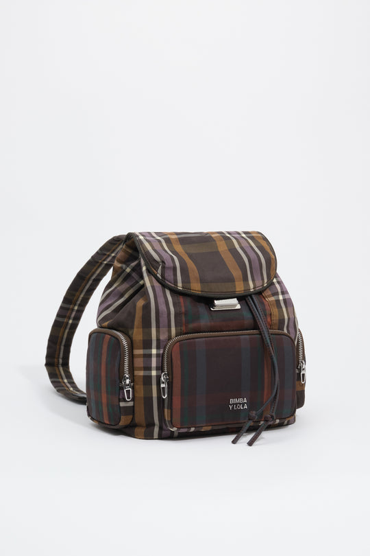 Large superwax chocolate and green tartan pocket backpack
