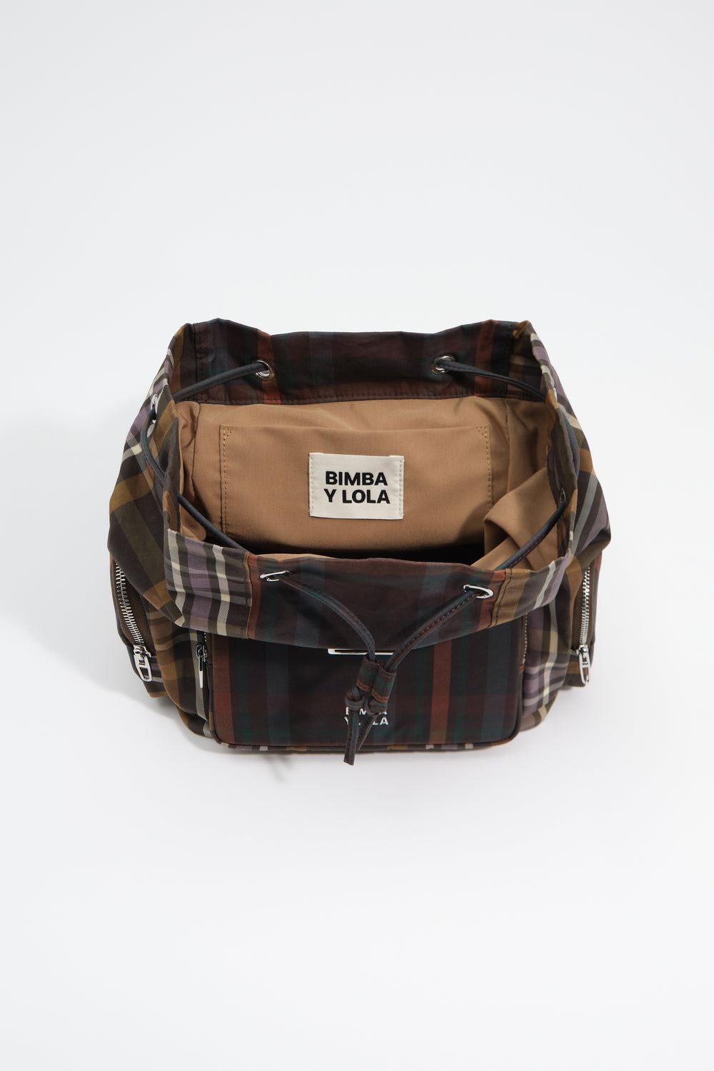 Large superwax chocolate and green tartan pocket backpack