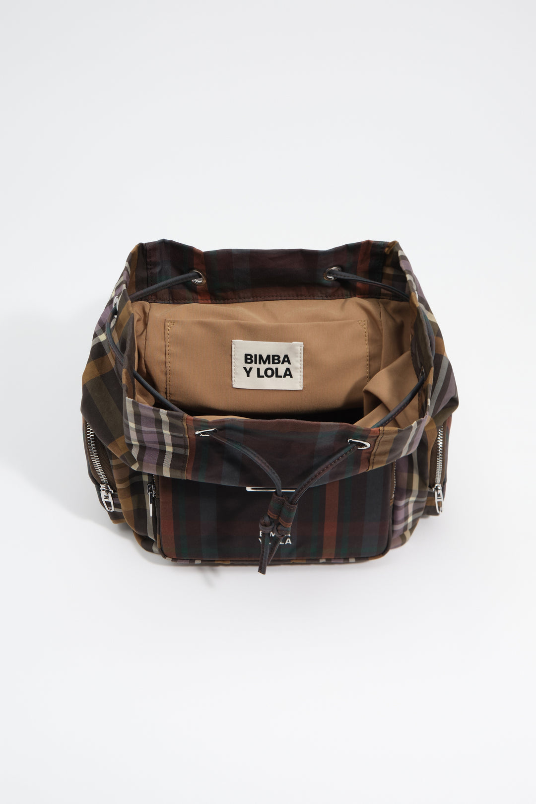 Large superwax chocolate and green tartan pocket backpack