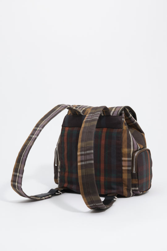 Large superwax chocolate and green tartan pocket backpack