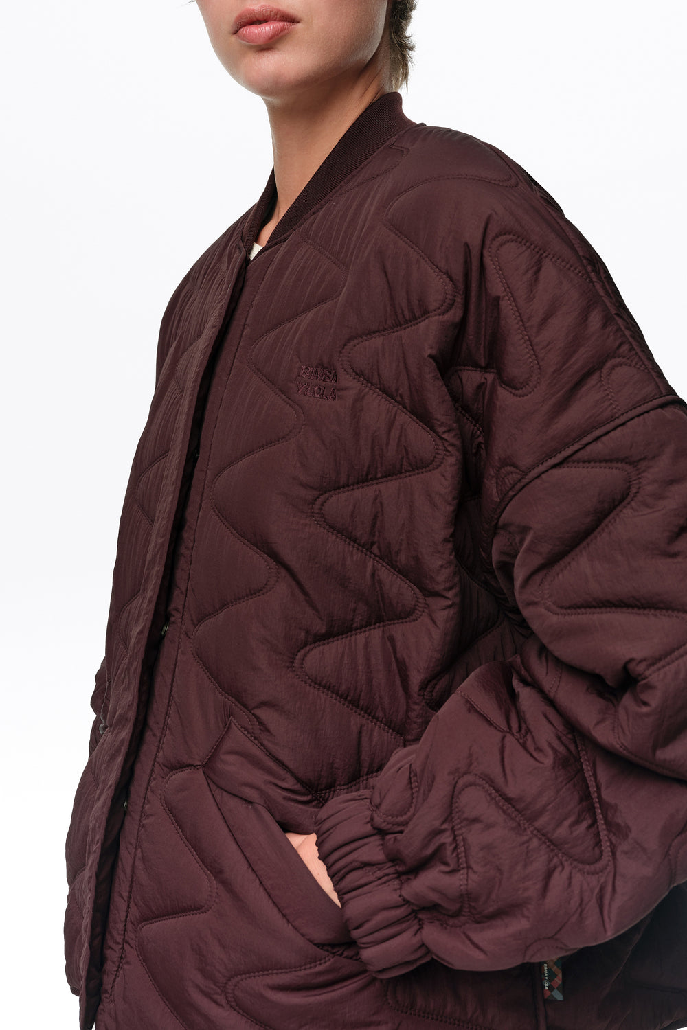 Raspberry padded bomber jacket