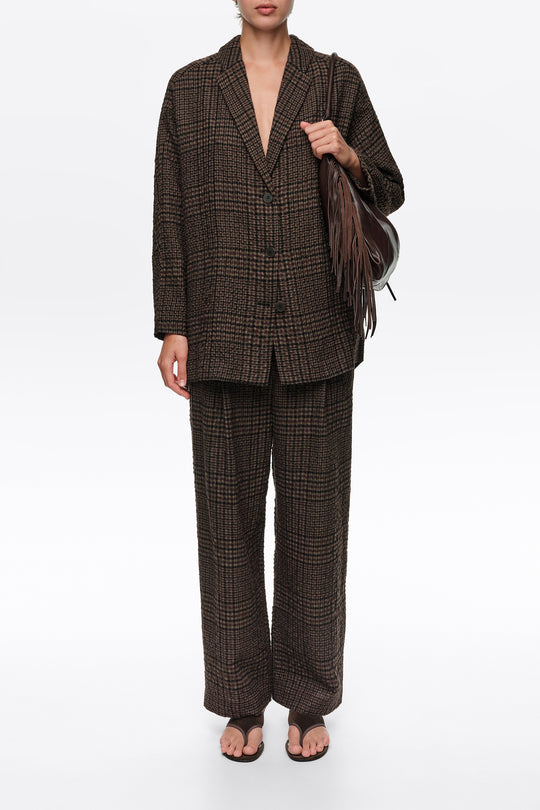 Brown checked straight tailored wool blazer