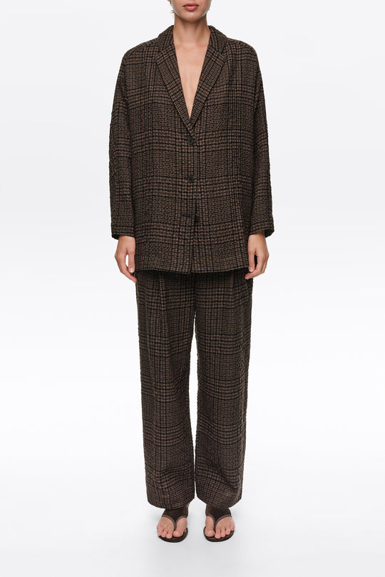 Brown checked straight tailored wool blazer