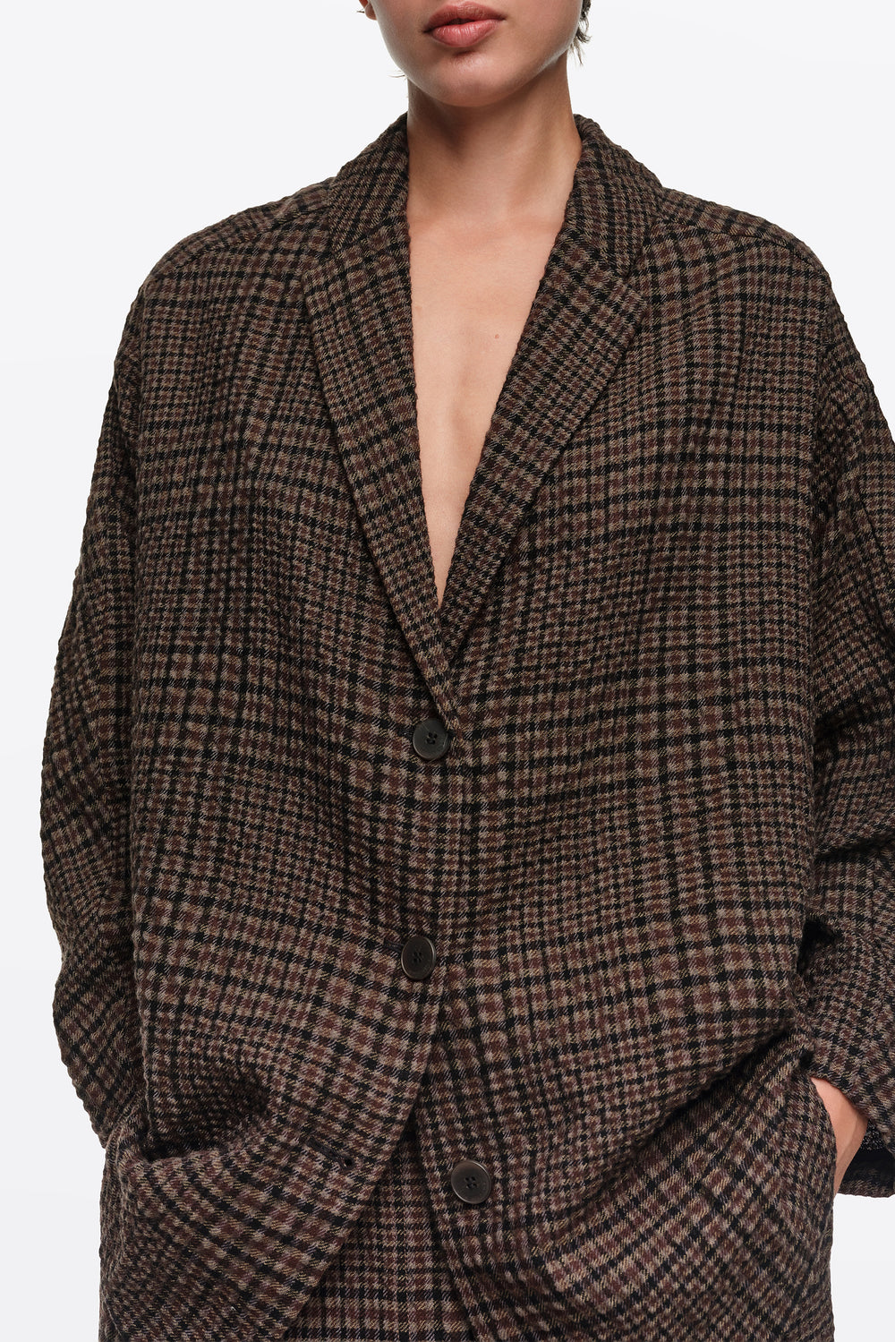 Brown checked straight tailored wool blazer