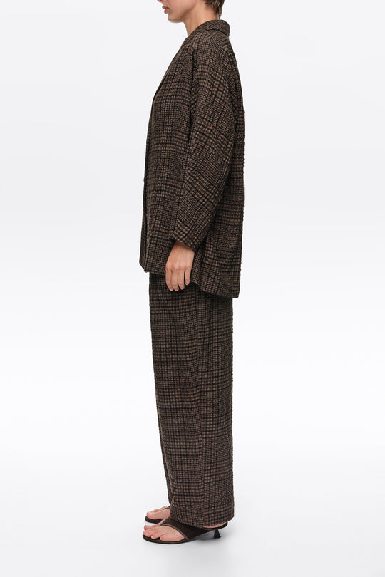 Brown checked straight tailored wool blazer