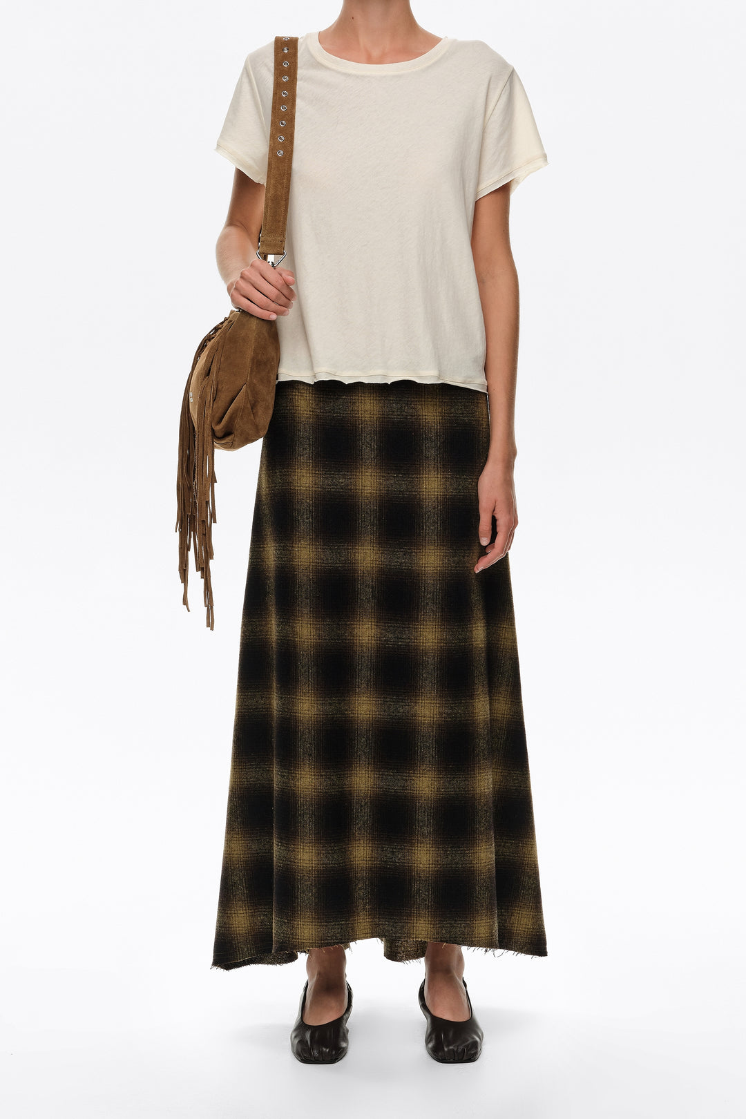 Khaki checked wool A-line skirt