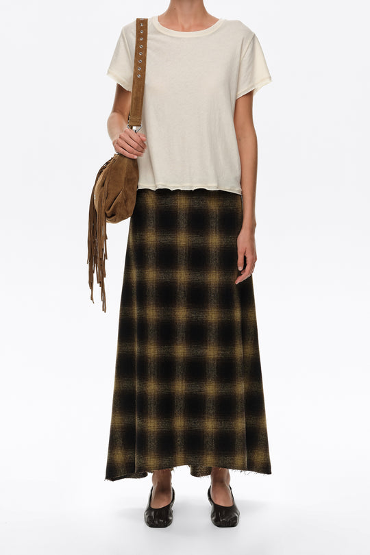 Khaki checked wool A-line skirt