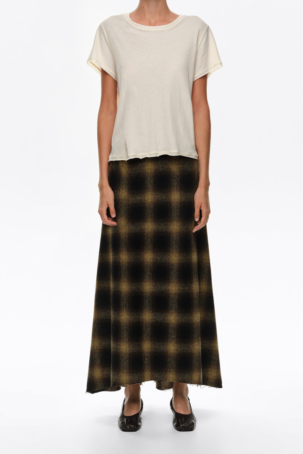 Khaki checked wool A-line skirt