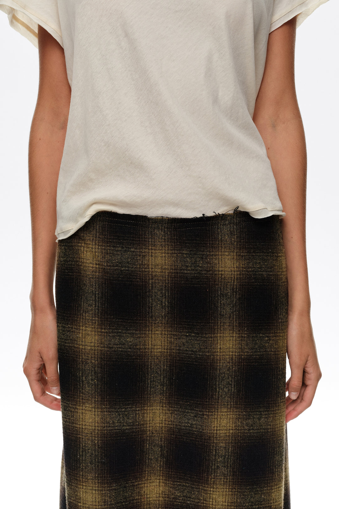 Khaki checked wool A-line skirt