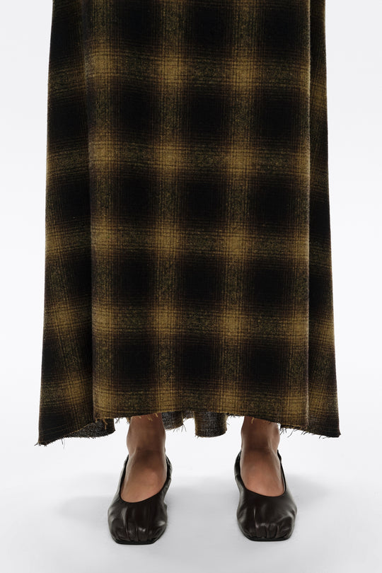 Khaki checked wool A-line skirt