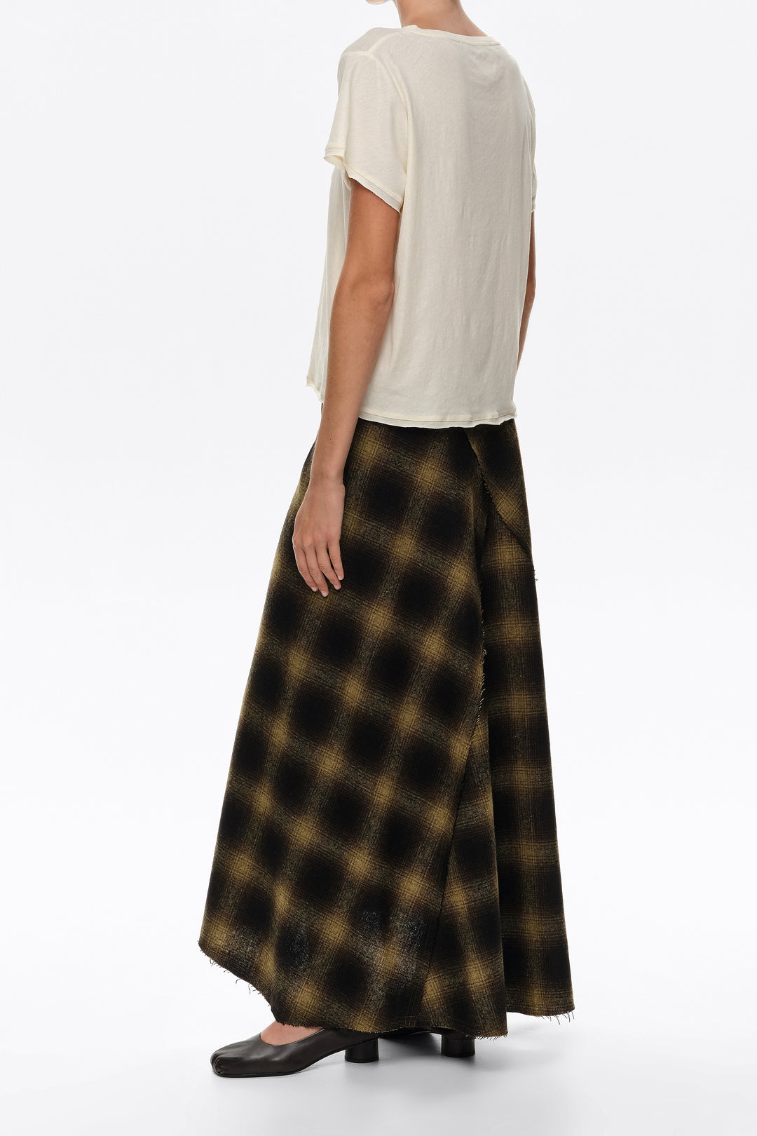 Khaki checked wool A-line skirt