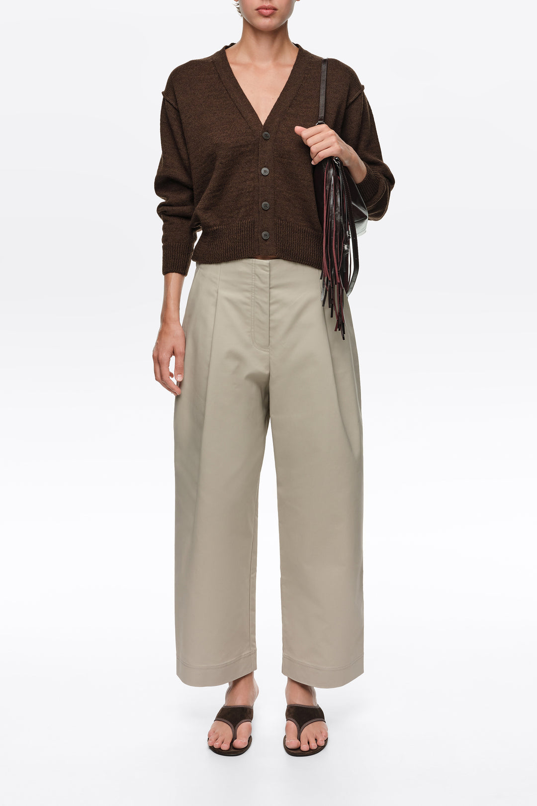 Light stone straight-leg pleated trousers