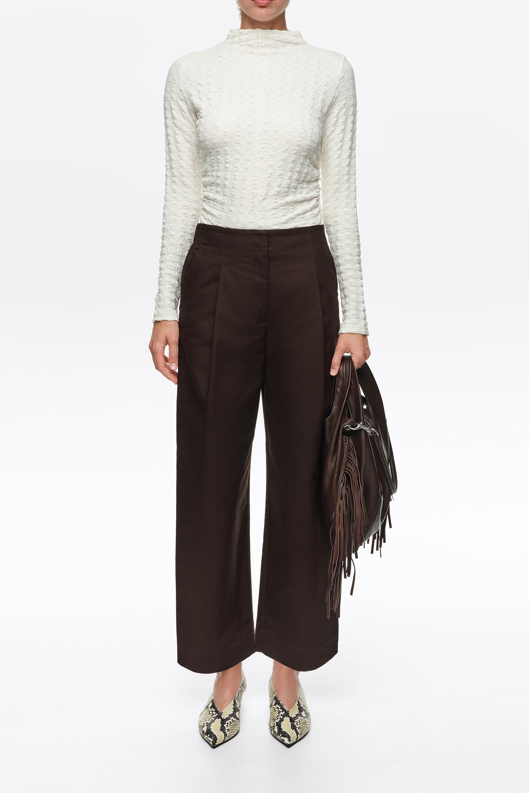Dark chocolate darted straight-leg trousers