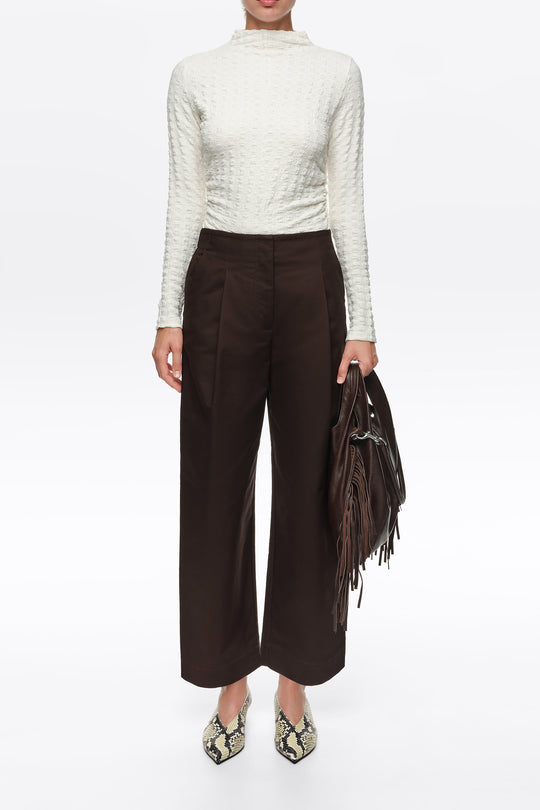 Dark chocolate darted straight-leg trousers
