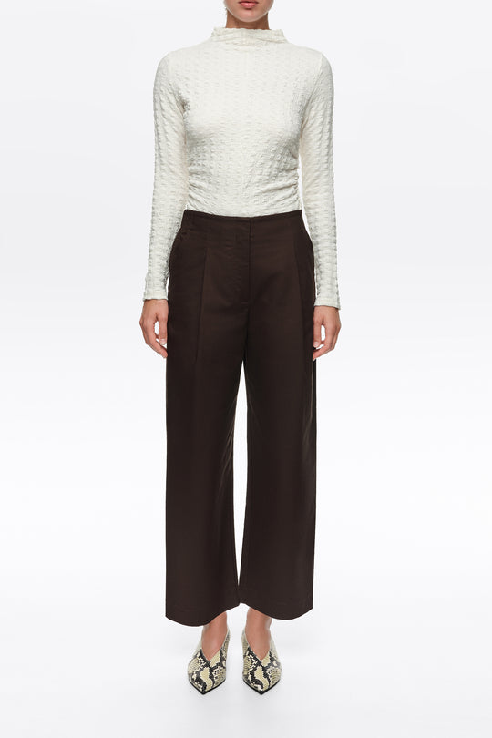 Dark chocolate darted straight-leg trousers