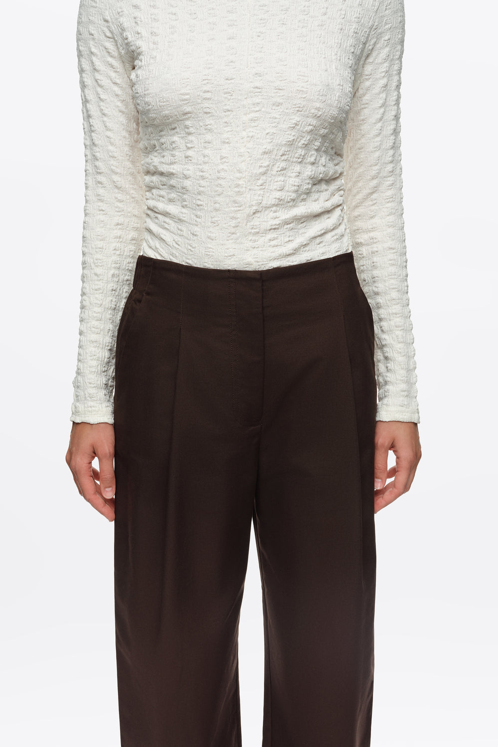 Dark chocolate darted straight-leg trousers