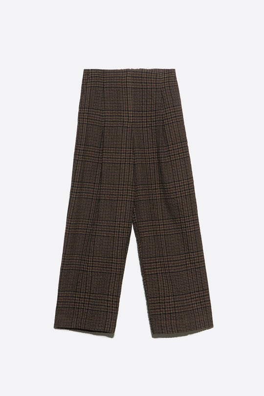 Brown checked darted straight-leg trousers