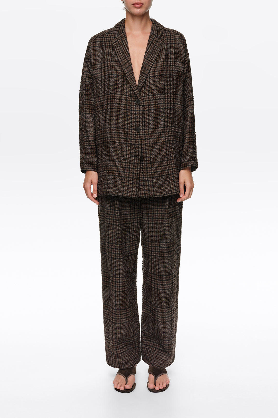 Brown checked darted straight-leg trousers