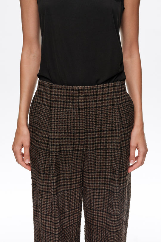 Brown checked darted straight-leg trousers