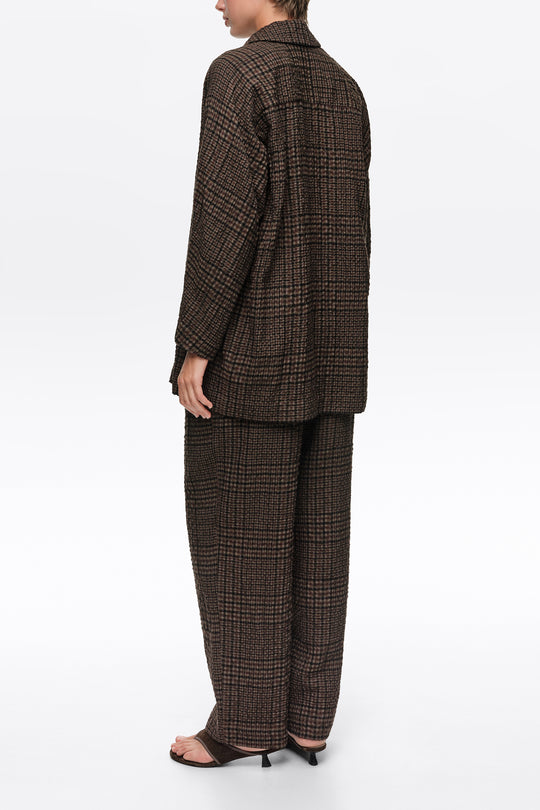 Brown checked darted straight-leg trousers