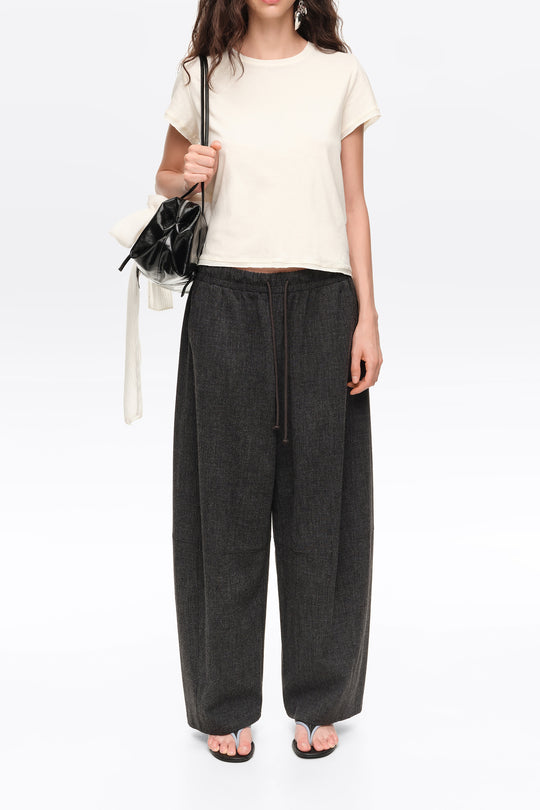 Dark gray melange fluid corduroy barrel leg trousers