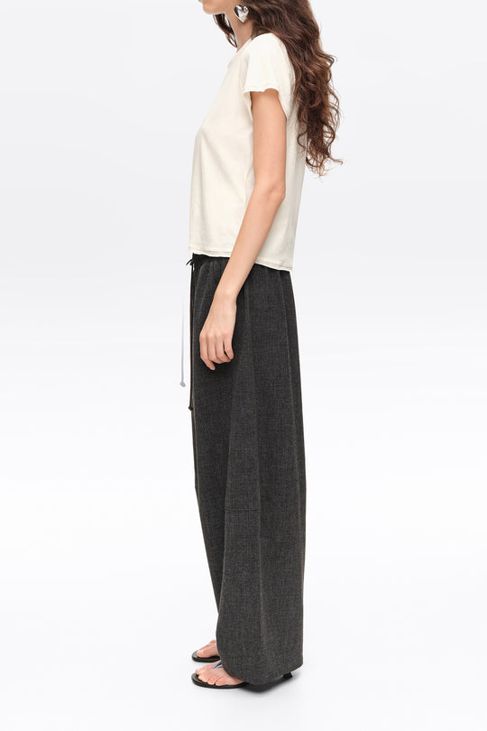 Dark gray melange fluid corduroy barrel leg trousers