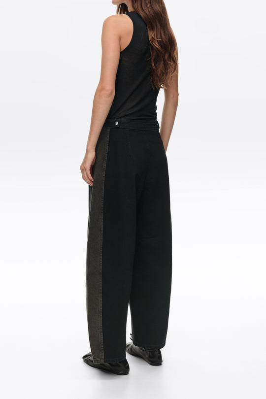 BARREL - Black two-tone adjustable waist denim trousers
