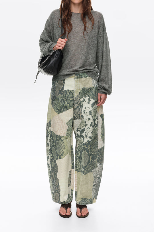 BARREL- Green Snake patchwork adjustable waist denim trousers