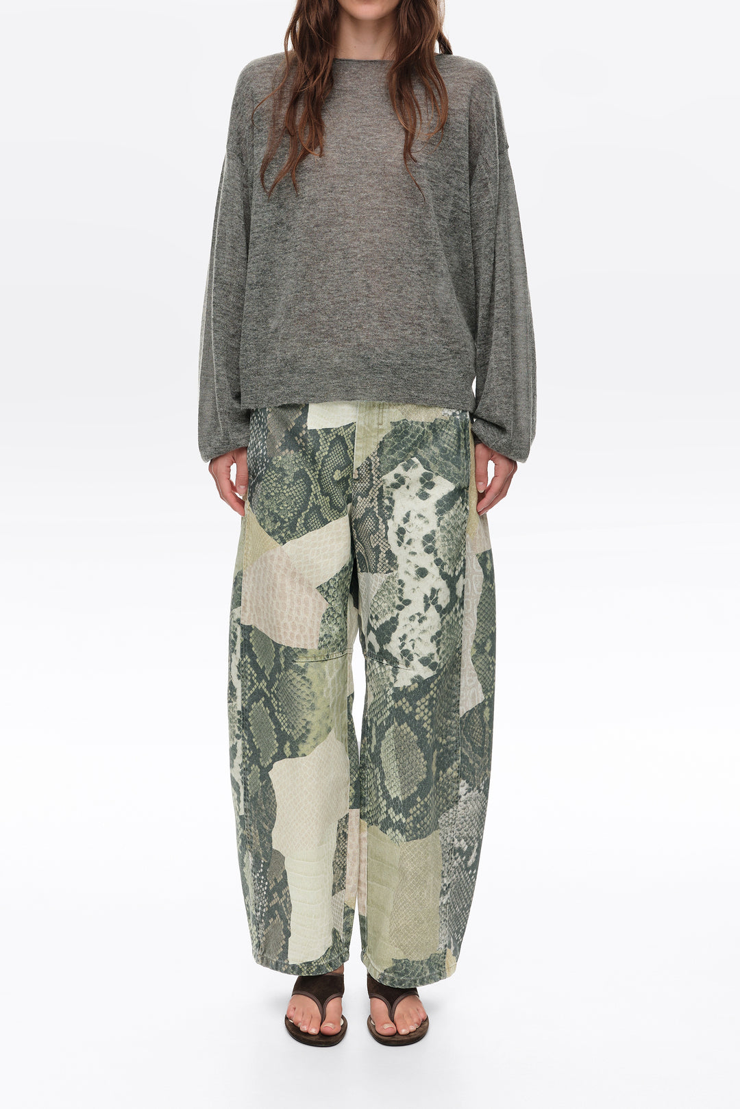 BARREL- Green Snake patchwork adjustable waist denim trousers