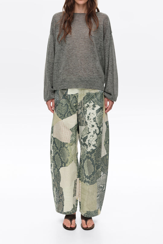 BARREL- Green Snake patchwork adjustable waist denim trousers