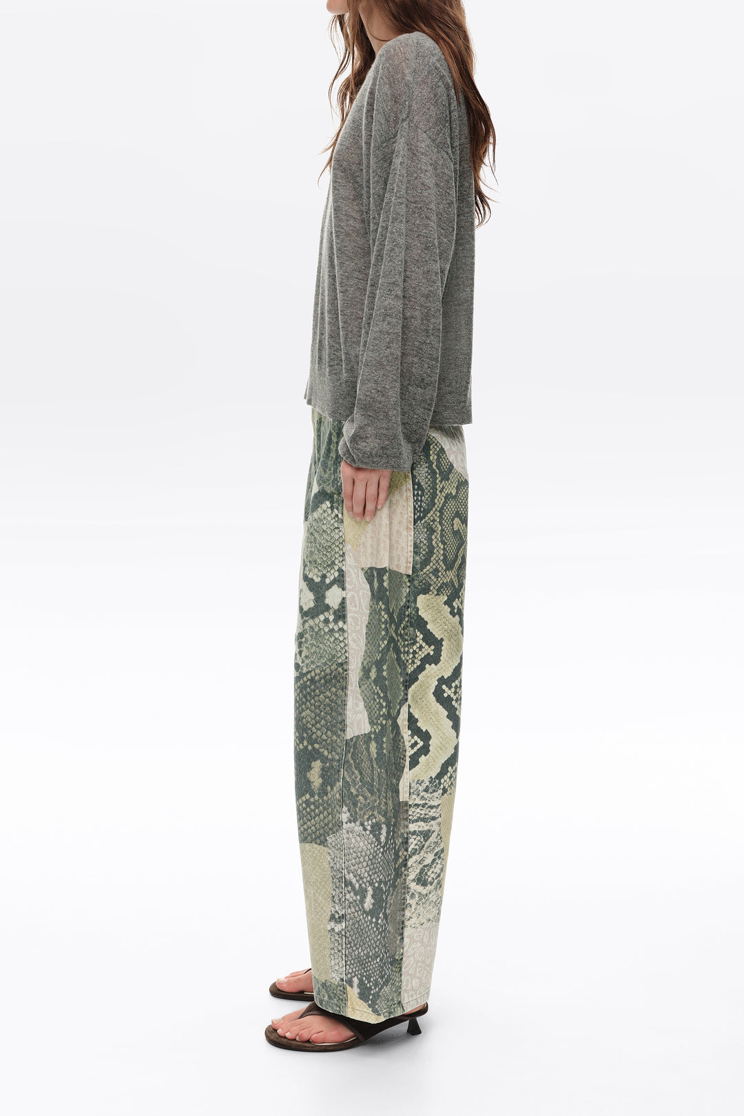 BARREL- Green Snake patchwork adjustable waist denim trousers