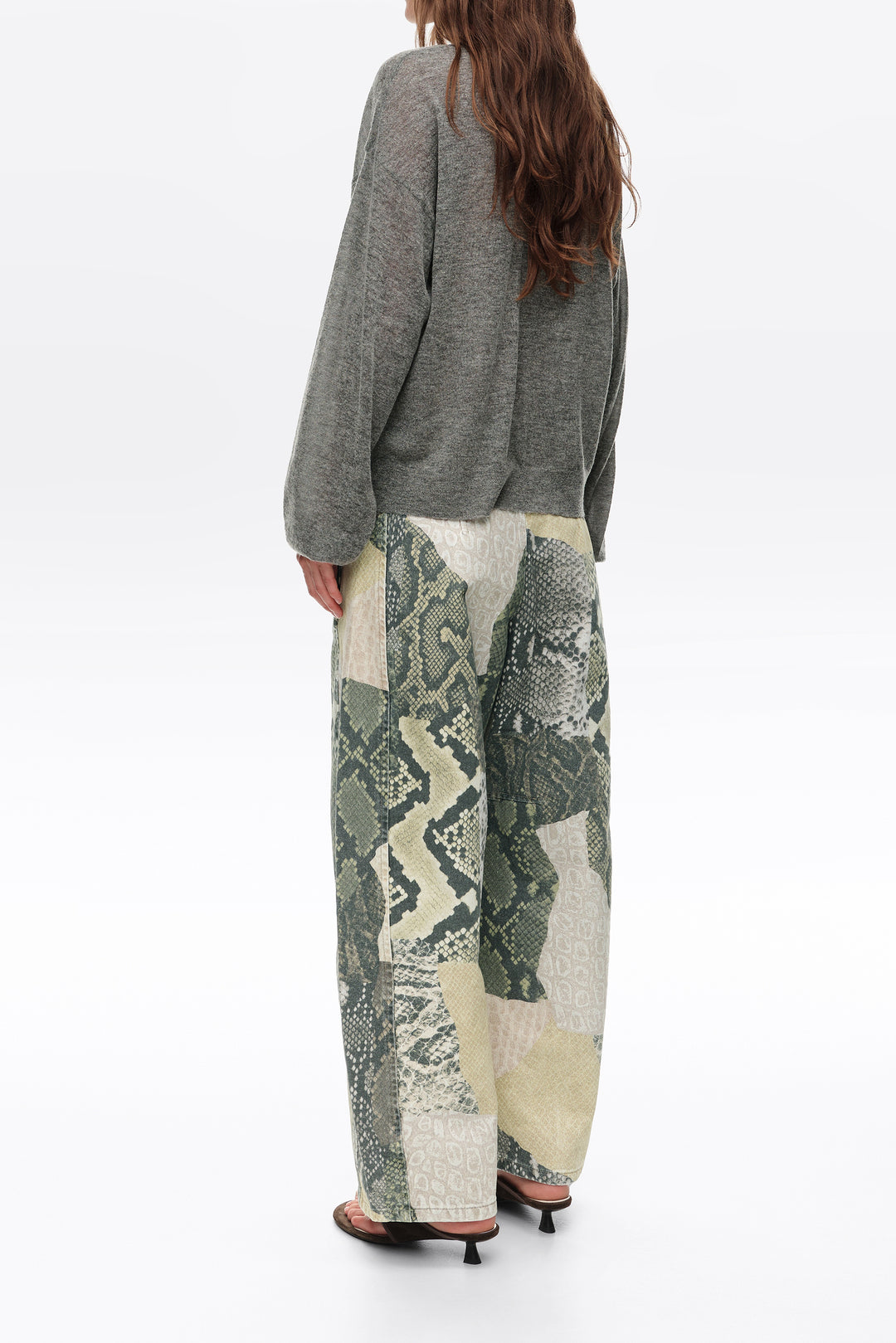 BARREL- Green Snake patchwork adjustable waist denim trousers