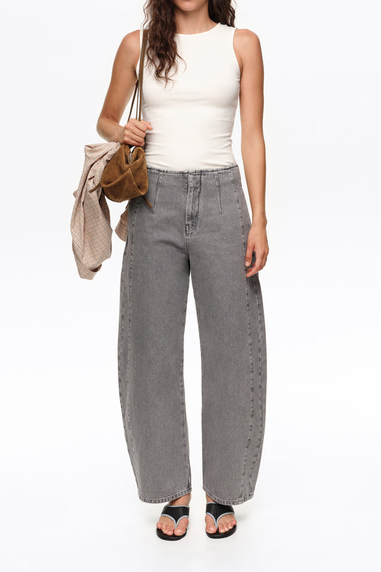 BARREL - Gray washed denim trousers with buckle