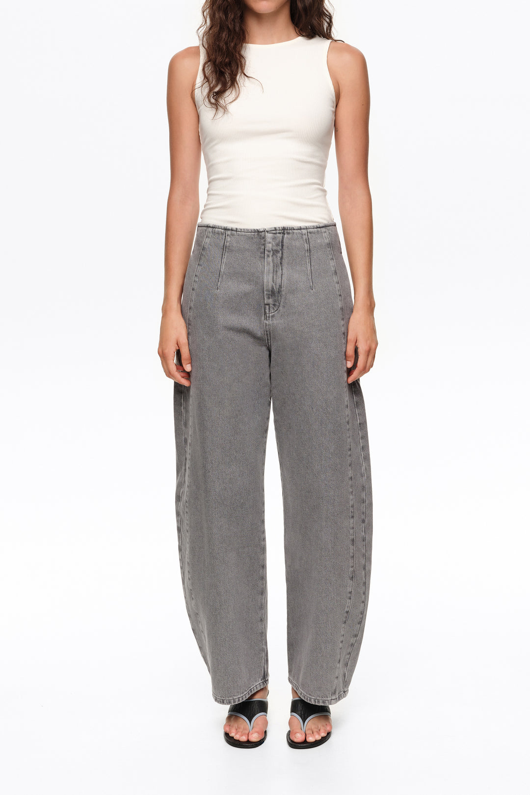 BARREL - Gray washed denim trousers with buckle