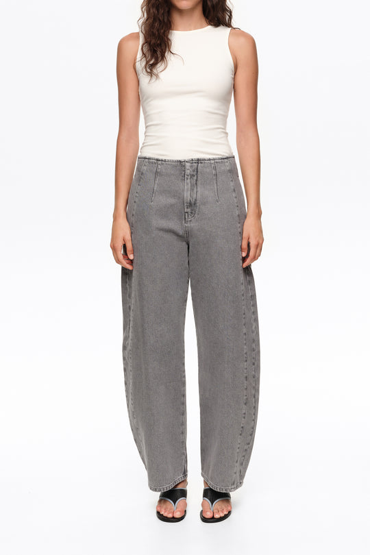 BARREL - Gray washed denim trousers with buckle