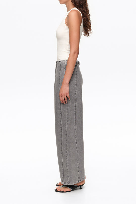 BARREL - Gray washed denim trousers with buckle