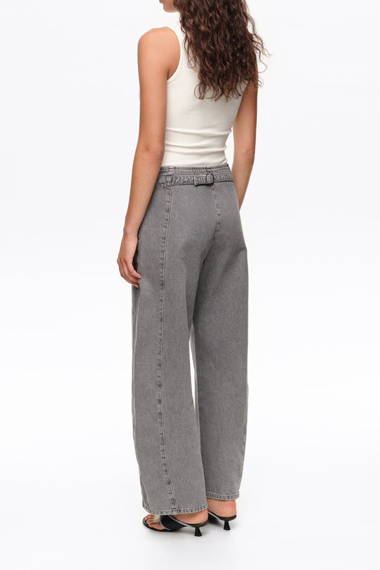 BARREL - Gray washed denim trousers with buckle