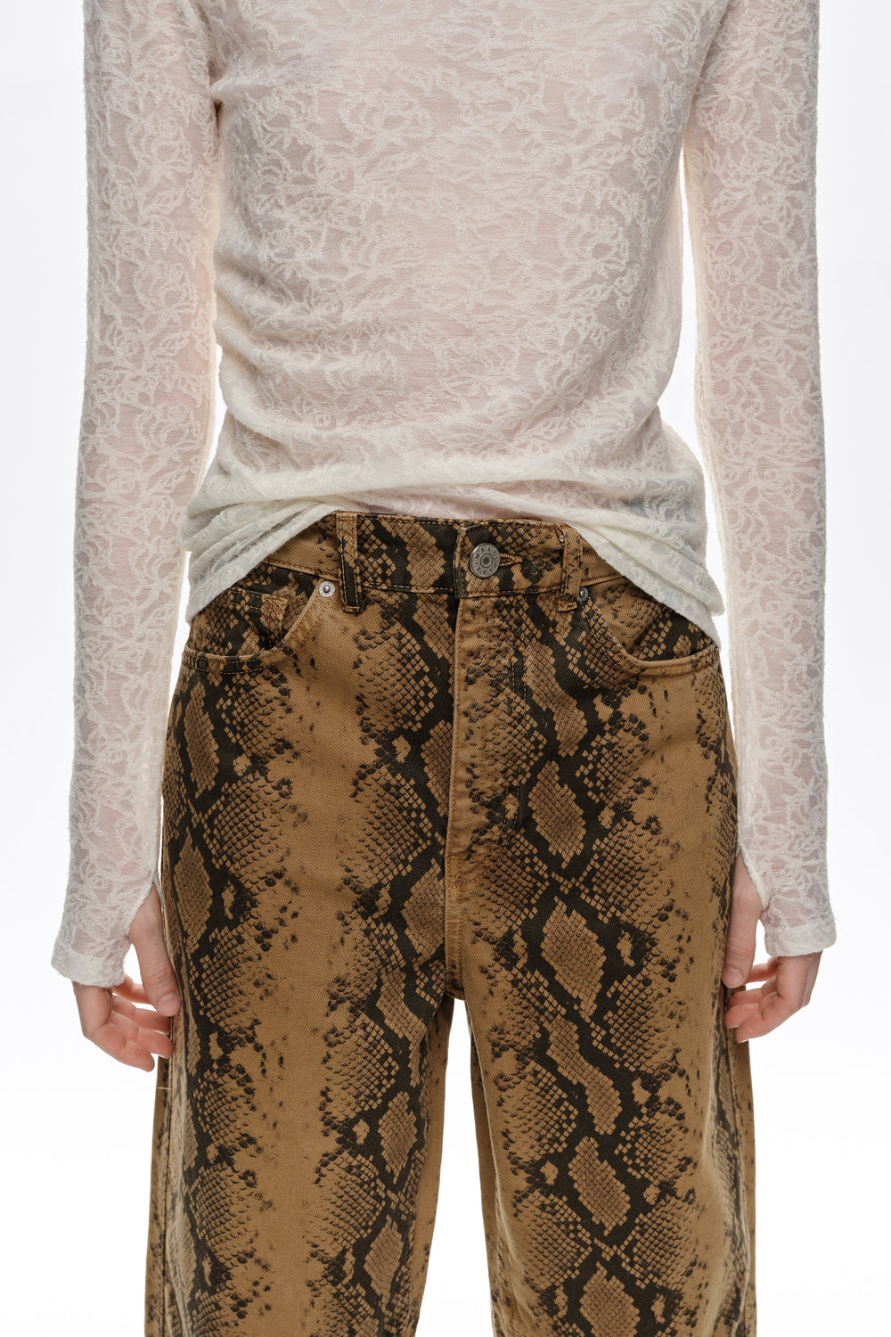 BARREL- Ocher snake 5-pocket denim trousers