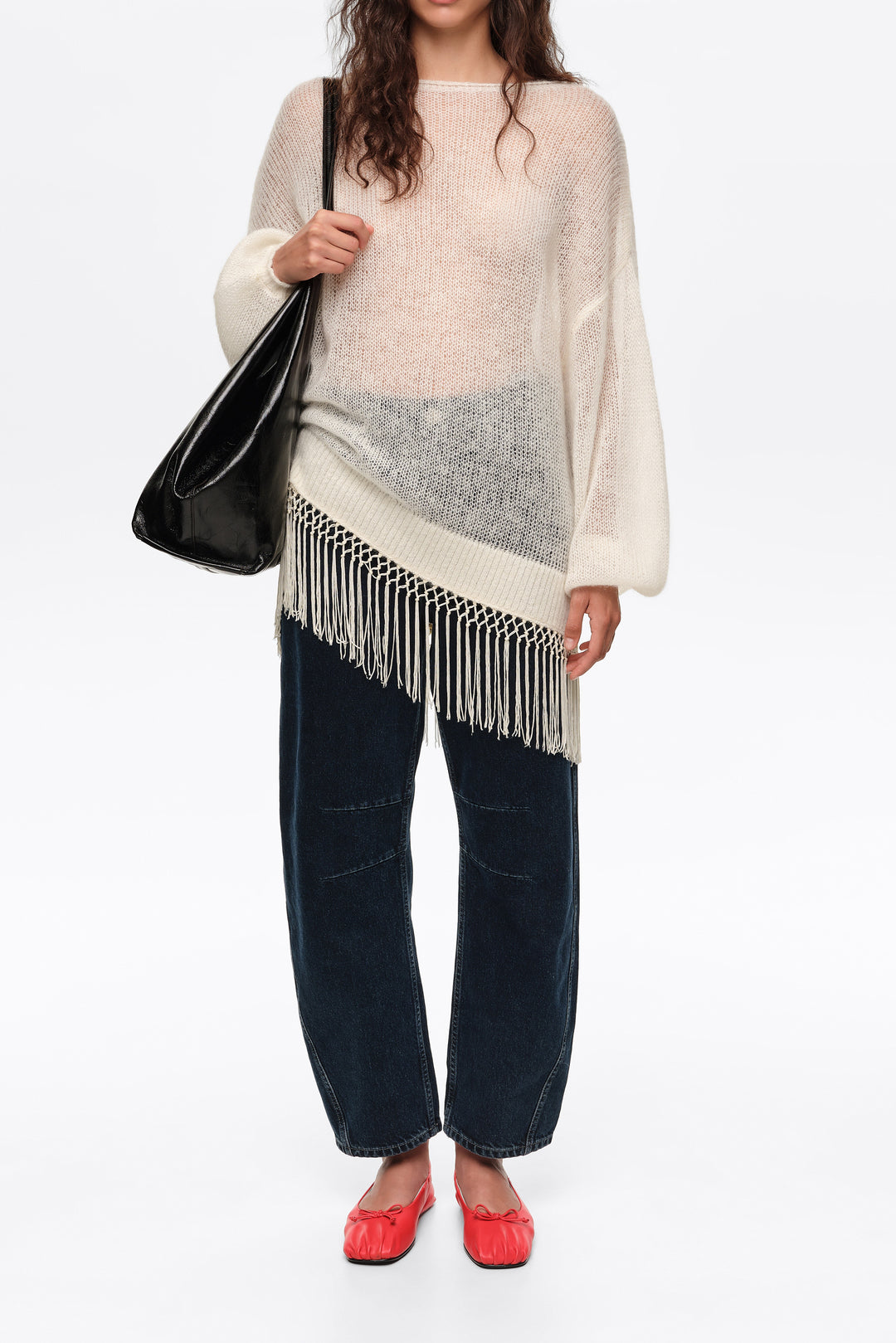 Ivory mohair sweater with fringe