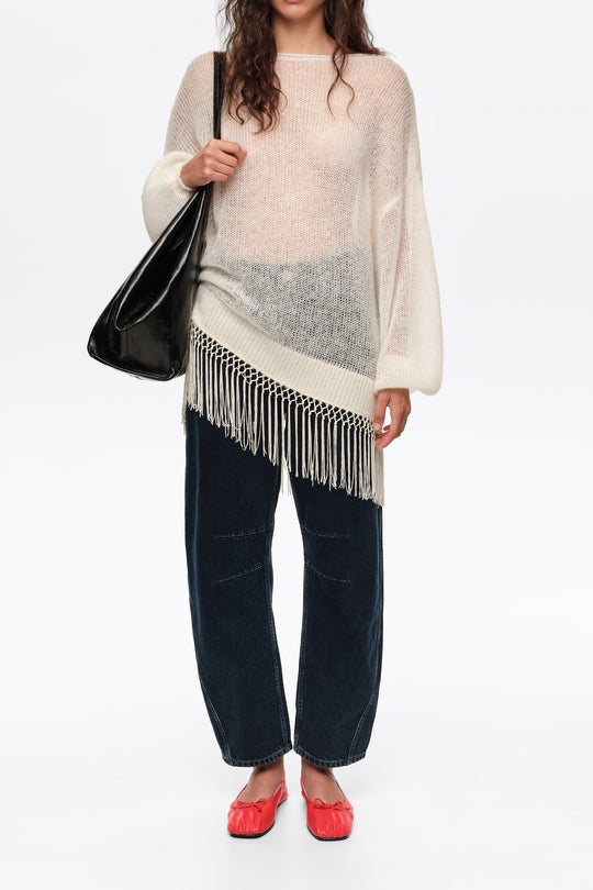 Ivory mohair sweater with fringe