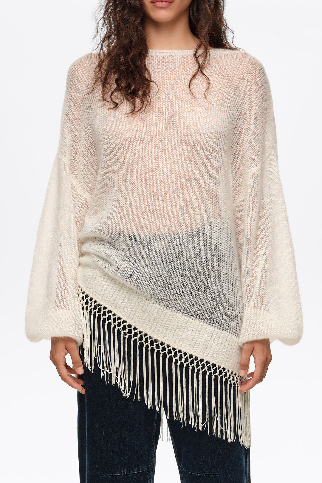 Ivory mohair sweater with fringe