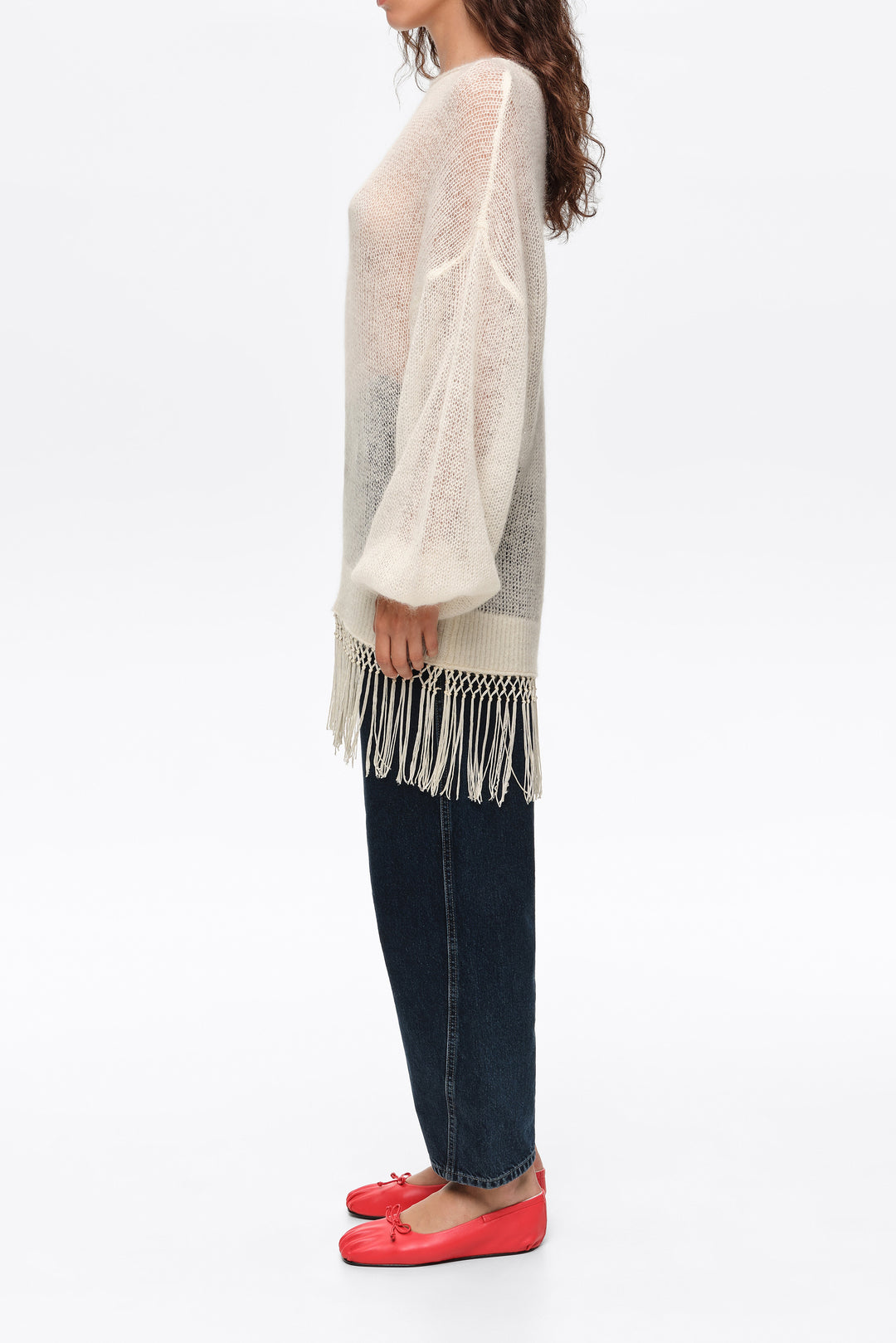 Ivory mohair sweater with fringe