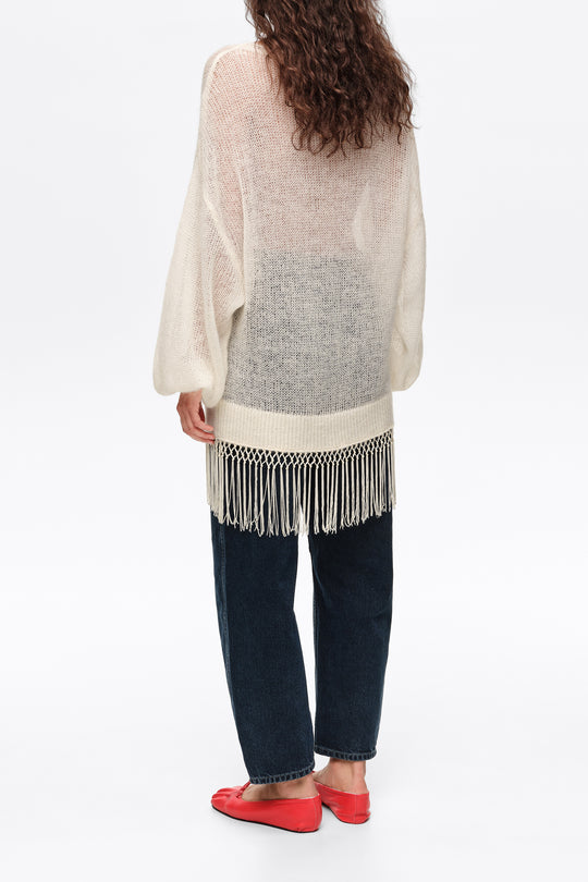 Ivory mohair sweater with fringe