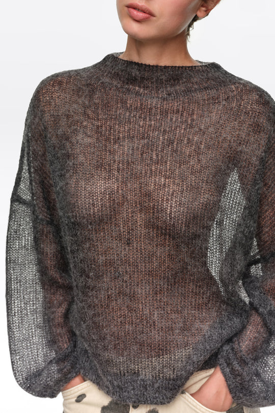 Dark gray melange mohair high neck sweater