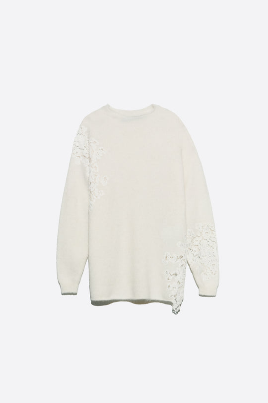 Ivory alpaca high neck sweater with lace detailing