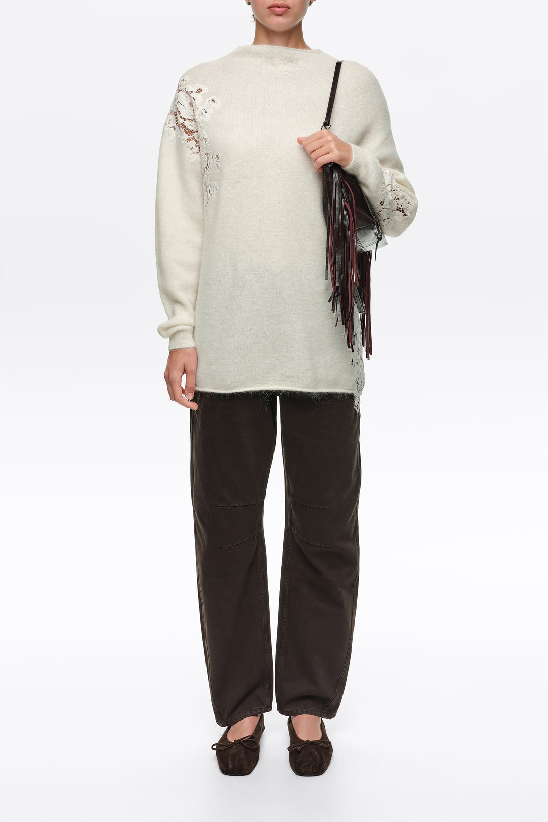 Ivory alpaca high neck sweater with lace detailing