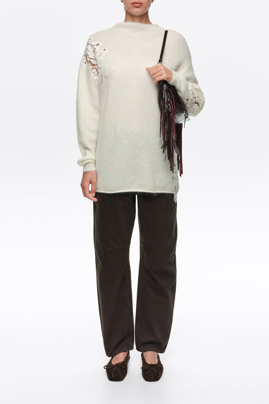 Ivory alpaca high neck sweater with lace detailing