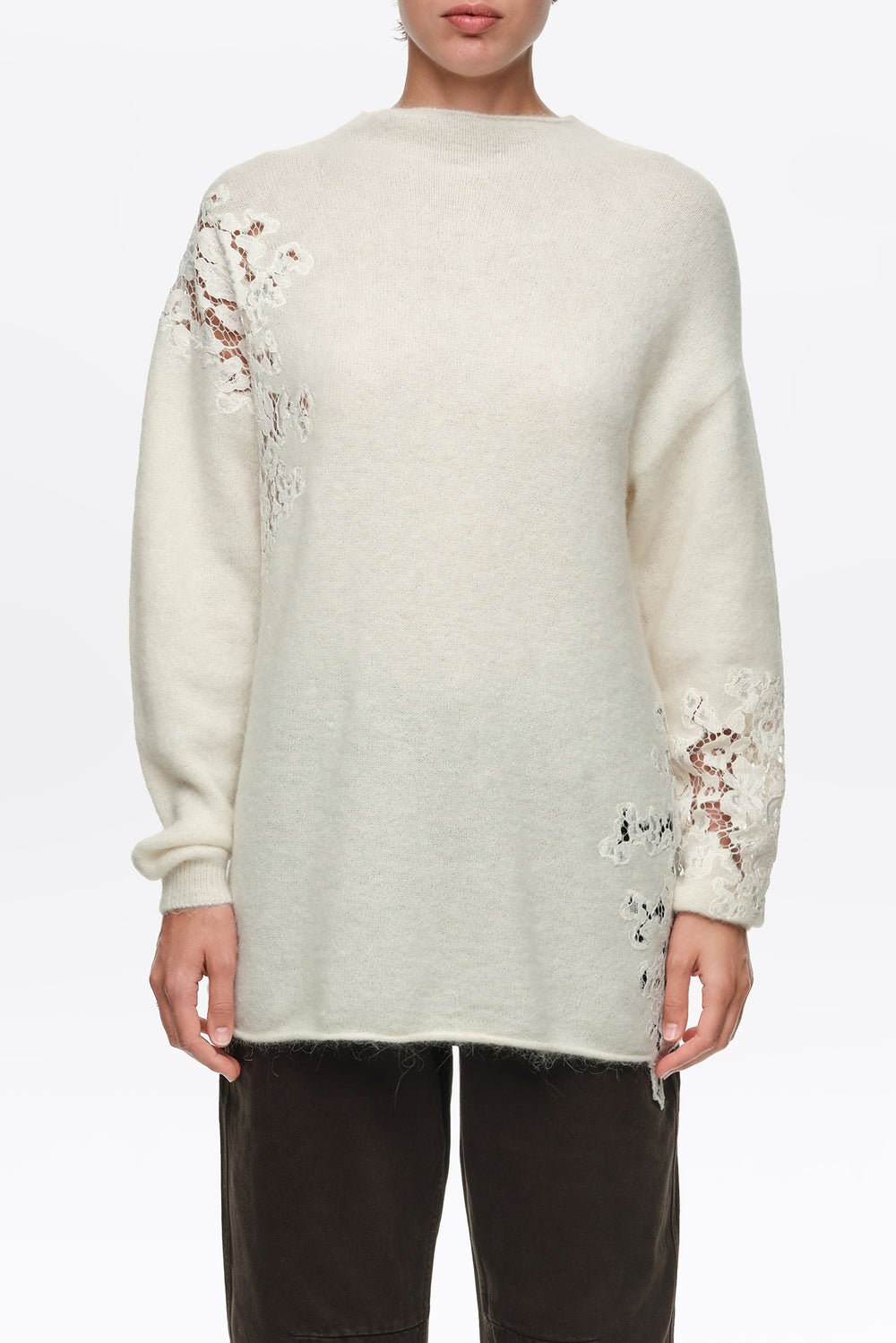 Ivory alpaca high neck sweater with lace detailing
