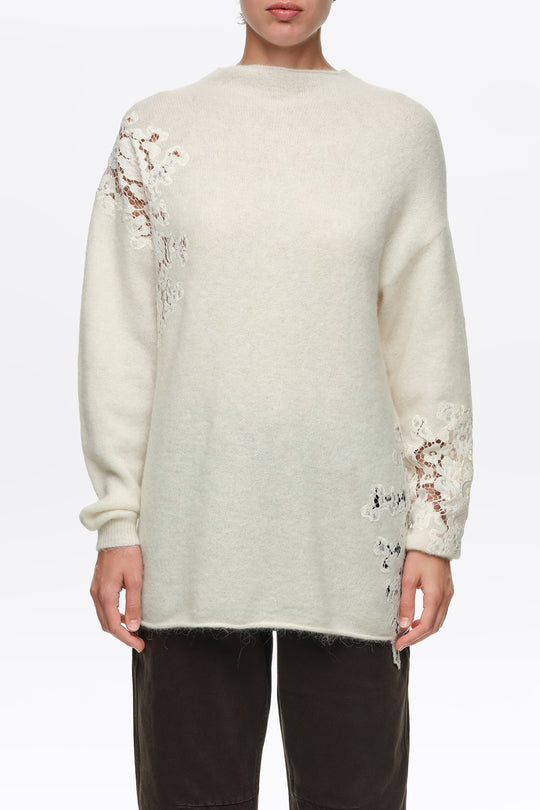 Ivory alpaca high neck sweater with lace detailing